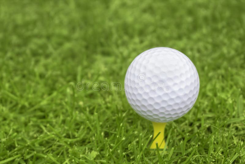 Boule de golf sur une pièce en t jaune avec un fond brouillé pour la station thermale de copie photo stock Boule de golf sur une pièce en t jaune avec un fond brouillé pour la station thermale de copie photo stock