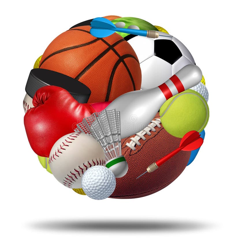 Sports ball as a sphere made with an organized group of sport equipment as football basketball hockey golf soccer bowling tennis badminton football baseball darts and boxing on a white background. Sports ball as a sphere made with an organized group of sport equipment as football basketball hockey golf soccer bowling tennis badminton football baseball darts and boxing on a white background.