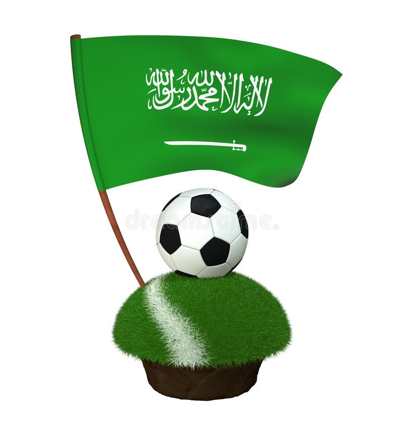 Boule pour jouer le football et le drapeau national de l'Arabie Saoudite sur le champ avec l'herbe illustration de vecteur Boule pour jouer le football et le drapeau national de l'Arabie Saoudite sur le champ avec l'herbe illustration de vecteur