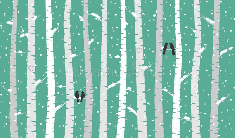 Bouleau ou Aspen Trees de vecteur avec la neige et les oiseaux d'amour illustration libre de droits Bouleau ou Aspen Trees de vecteur avec la neige et les oiseaux d'amour illustration libre de droits