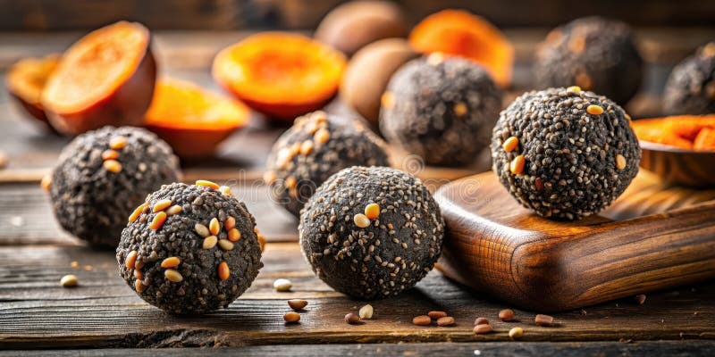 Boules d'énergie au chocolat noir délicieux avec des graines et des tranches de fruits. IA générative illustration stock