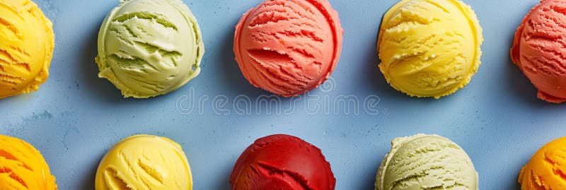 Assorted colorful ice cream scoops on blue background banner. Panoramic web header. Wide screen wallpaper. AI generated. Assorted colorful ice cream scoops on blue background banner. Panoramic web header. Wide screen wallpaper. AI generated