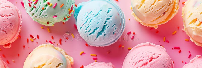 Assorted colorful ice cream scoops on pink background banner. Panoramic web header. Wide screen wallpaper. AI generated. Assorted colorful ice cream scoops on pink background banner. Panoramic web header. Wide screen wallpaper. AI generated