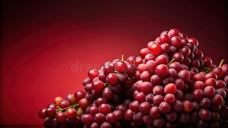 A bountiful cluster of crimson grapes on a deep red background, a vibrant still life image perfect for culinary or health-related royalty free illustration