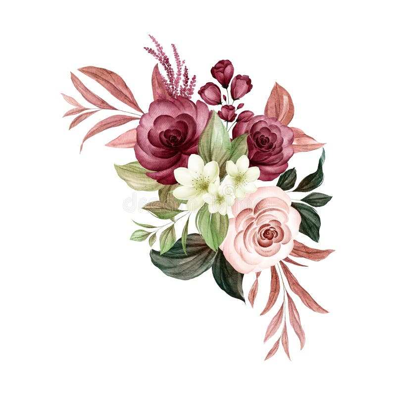 Bouquet acquoso di rose e foglie marroni morbide e di rose e fiori. illustrazione di decorazione botanica per il tessuto e il logo