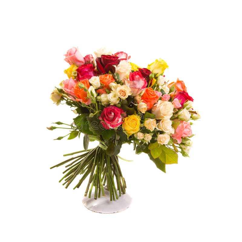 Bouquet of assorted multicolored roses isolated on white background