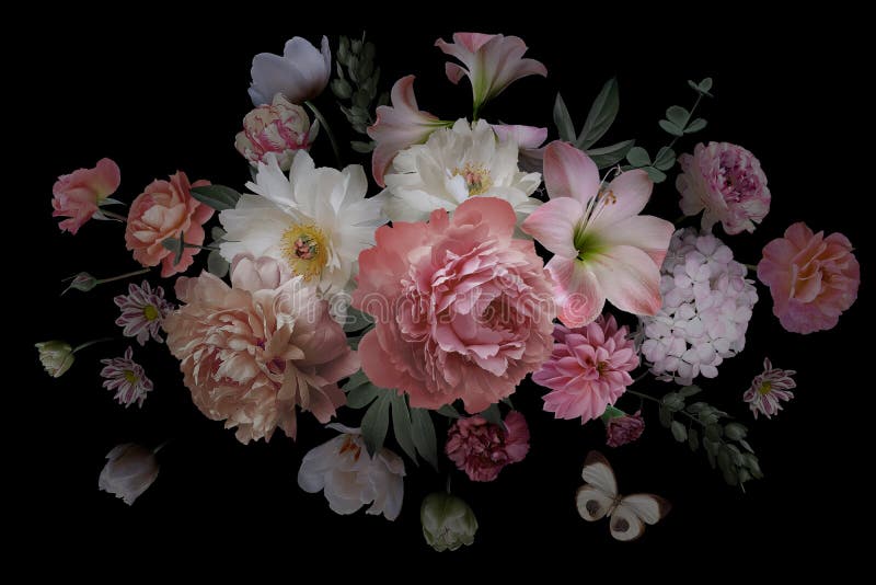 Bouquet av vackra blommor, blad och fjäril på svart bakgrund fotografering för bildbyråer