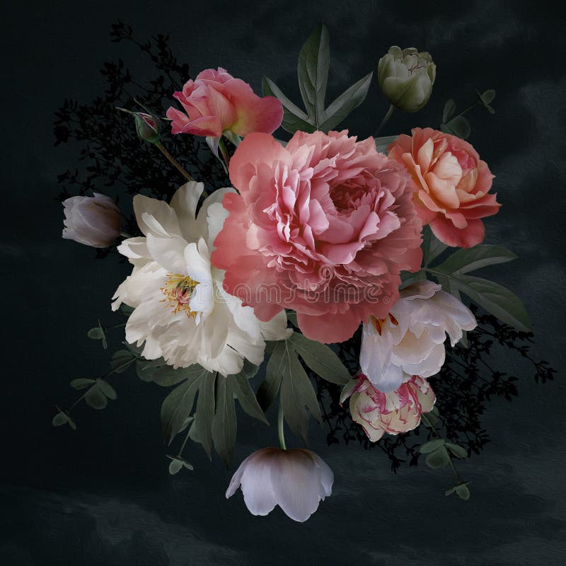 Bouquet barroco. lindas flores e folhas de jardim em fundo preto fotografia de stock