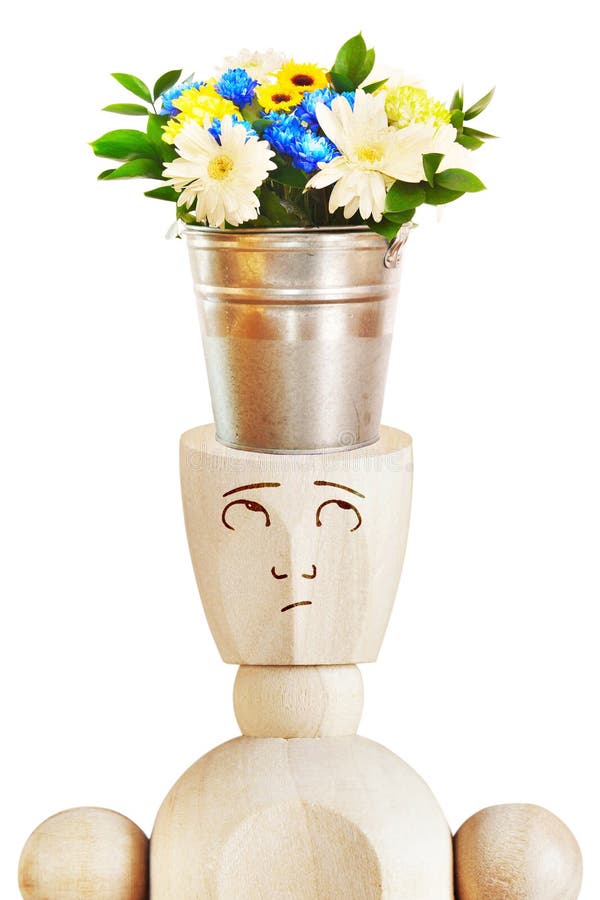Bouquet Of Beautiful Flowers In The Bucket Stands On A Human Head Stock ...
