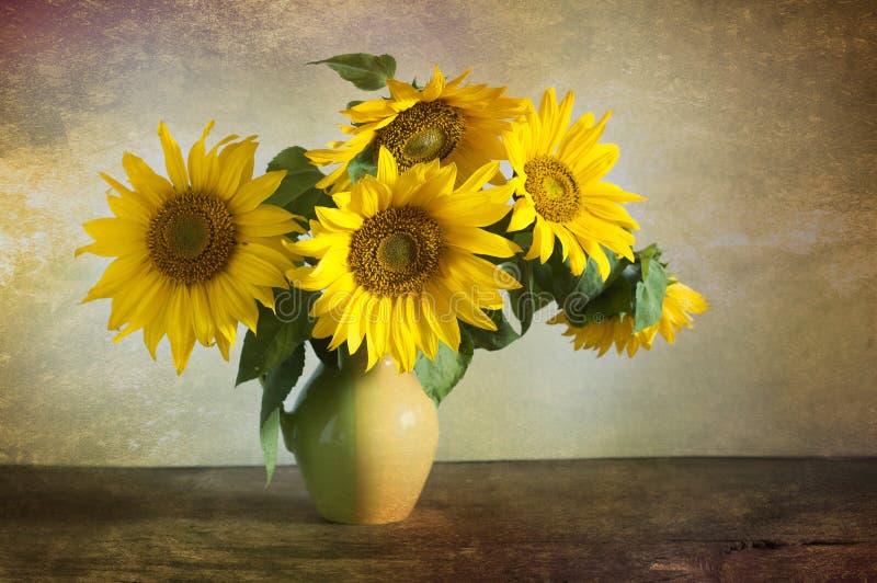 Bouquet of beautiful sunflowers in a vase