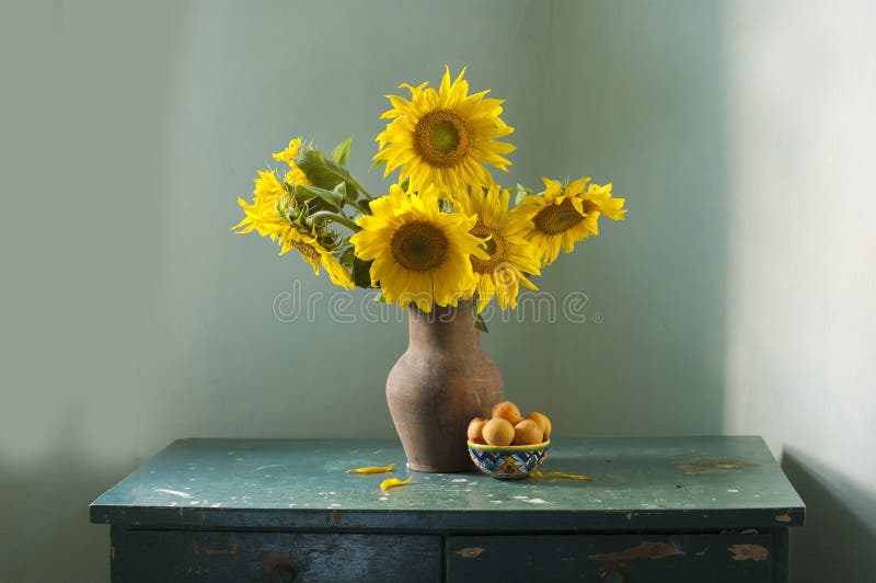 Bouquet of beautiful sunflowers in a vase