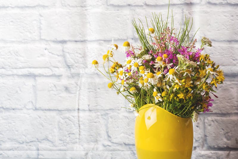 Bouquet of beautiful wildflowers in vase on a gray background with copy space royalty free stock photography Bouquet of beautiful wildflowers in vase on a gray background with copy space royalty free stock photography