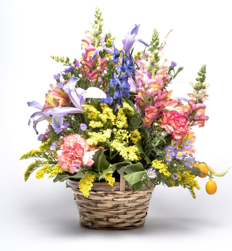 Beautiful Bouquet Of Bright Flowers In Basket Isolated On White Stock  Photo, Picture and Royalty Free Image. Image 18890542.