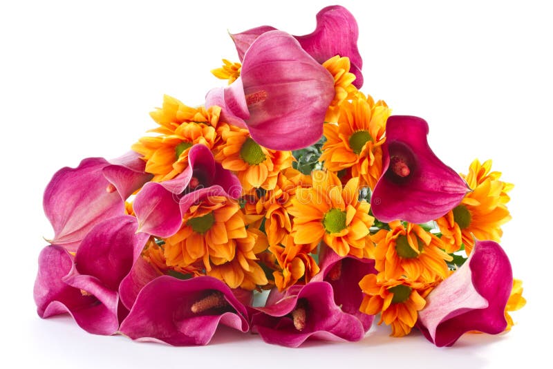 Bouquet of calla lilies and orange chrysanthemums