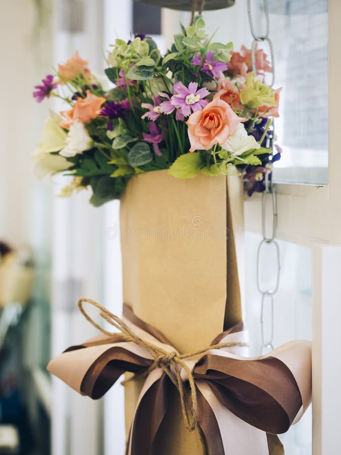 Bouquet Colourful Flowers Brown Paper Stock Photos - Free