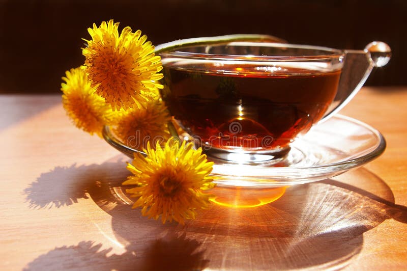 Bouquet of dandelions and cup of tea