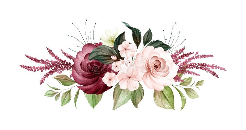 Bouquet de aquarelle légère marron et rose et feuilles de Bourgogne. Illustration botanique de décoration pour le tissu et le logo