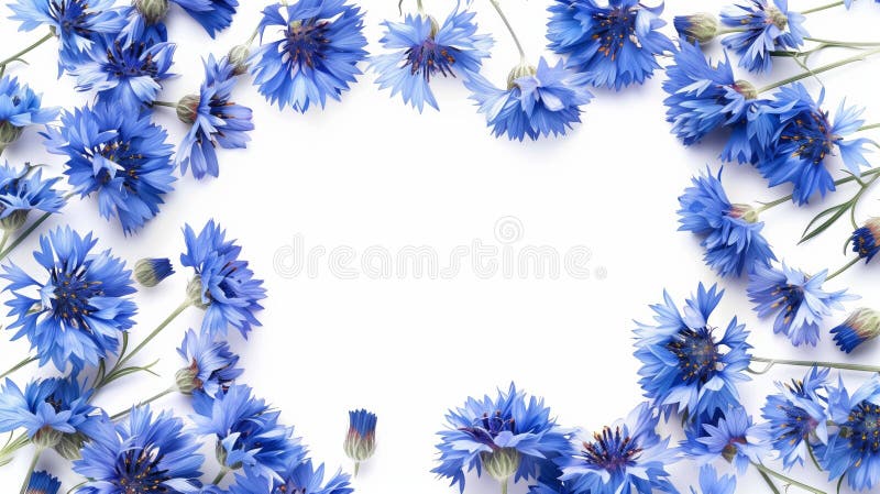 Bouquet de fleurs de cornfleurs disposées en cercle. les fleurs créent une atmosphère lumineuse et animée. cadre avec espace pour le texte. illustration de carte postale générée par carte postale