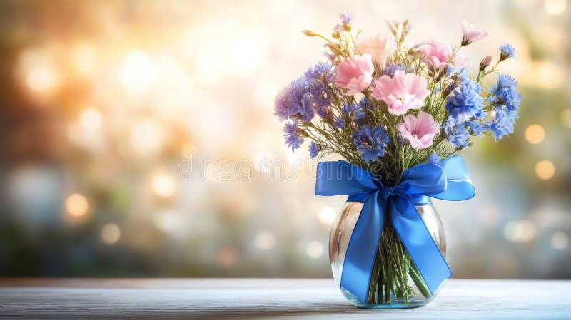 Bouquet de fleurs rose et bleu pastel dans Vase en verre illustration libre de droits