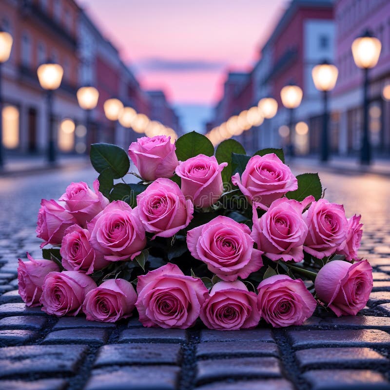 Bouquet de rosas rosadas frescas en la calle Cobblestone con Petales vibrantes. Un ramo de rosas rosas frescas colocadas en una calle adoquinada con pétalos vibrantes y hojas verdes exuberantes. La elegante y pintoresca composición destaca la belleza natural y el encanto romántico de este arreglo floral.