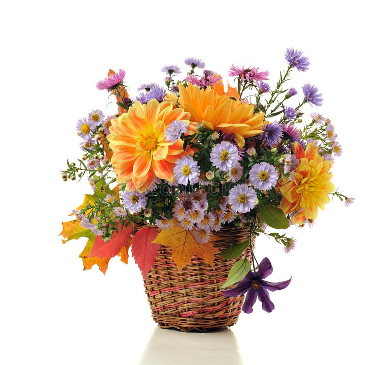 Bouquet of autumn flowers in basket isolated on white. Bouquet of autumn flowers in basket isolated on white