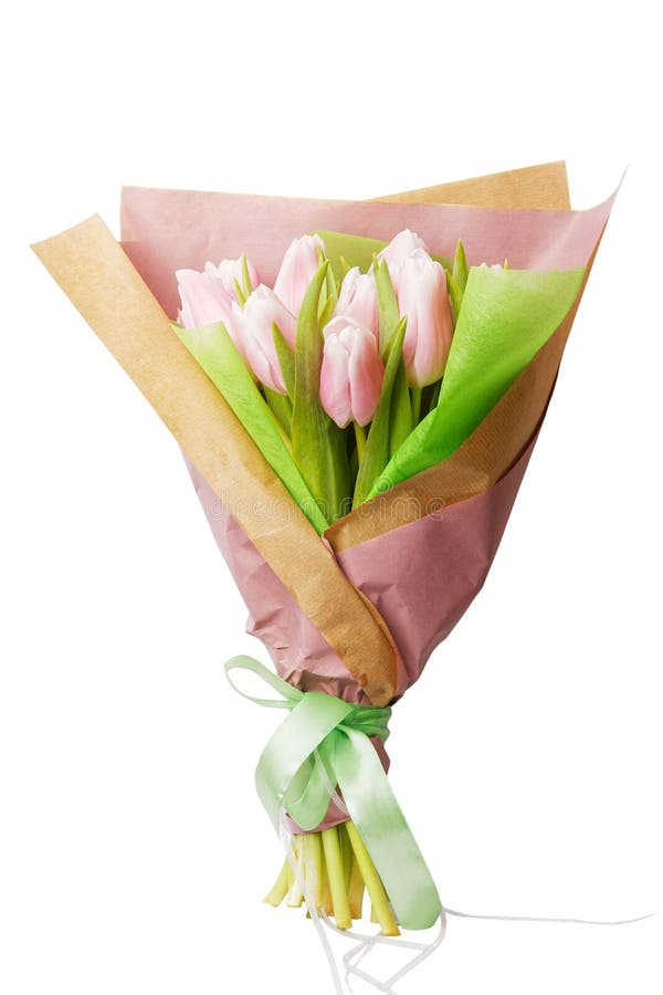 Bouquet des tulipes roses tendres enveloppées en papier images libres de droits Bouquet des tulipes roses tendres enveloppées en papier images libres de droits