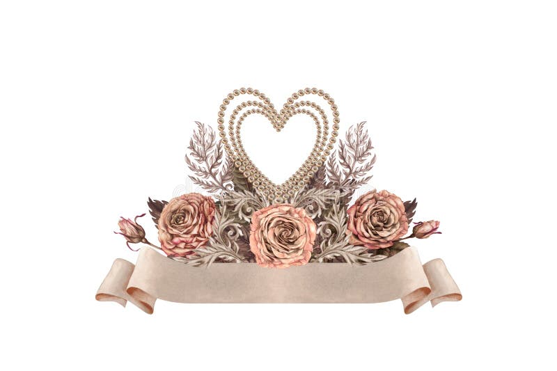 Bouquet di rosa bruna rosa con cuore di perla bianco nastro di carta beige. mocha mousse alla moda illustrazione di stock
