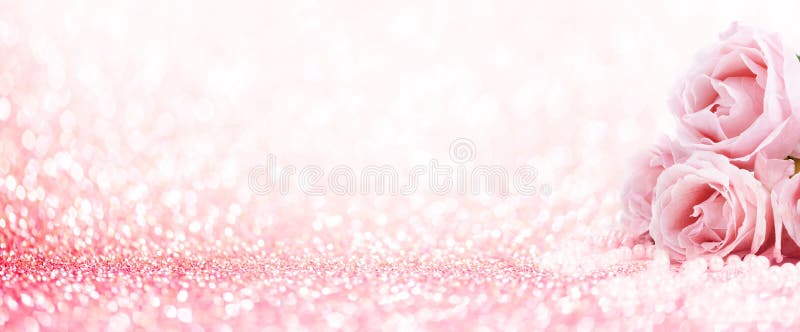 Pink roses bouquet and pearls on abstract blur pastel background. Wedding flowers and bright bokeh glitter backdrop. Wedding, bridal, valentines and mothers day celebration design. Pink roses bouquet and pearls on abstract blur pastel background. Wedding flowers and bright bokeh glitter backdrop. Wedding, bridal, valentines and mothers day celebration design