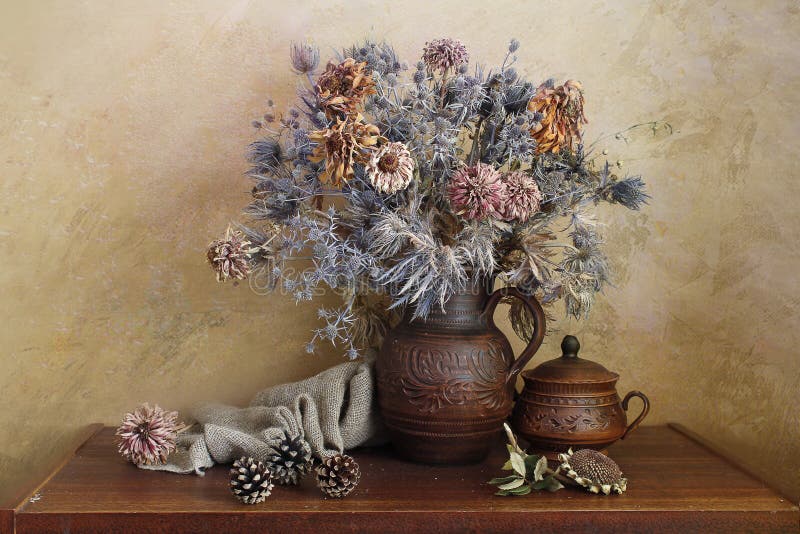 Bouquet of Dried Flowers in a Vase on the Table. Stock Image Image of