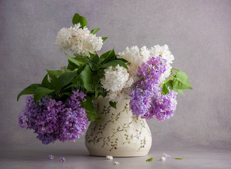 Bouquet Du Lilas Blanc Et Violet Photo stock - Image du vase, nature:  117751216