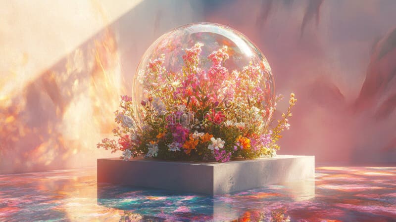 Bouquet floreale incapsulato in una sfera di vetro su una piattaforma illustrazione vettoriale