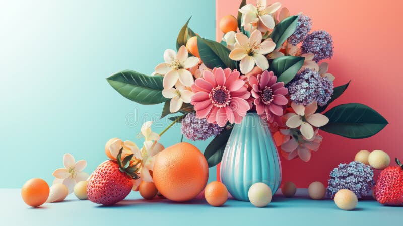 Bouquet floreale vibrante con frutta in padiglione fotografia stock
