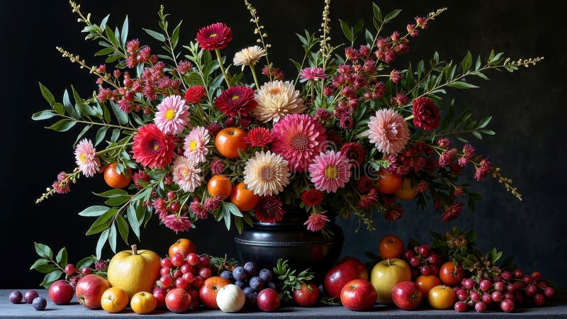 Bouquet floreale vibrante con frutta in un elegante vaso nero immagini stock libere da diritti