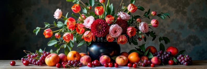 Bouquet floreale vibrante con frutti freschi esposti sulla tavola rustica immagine stock