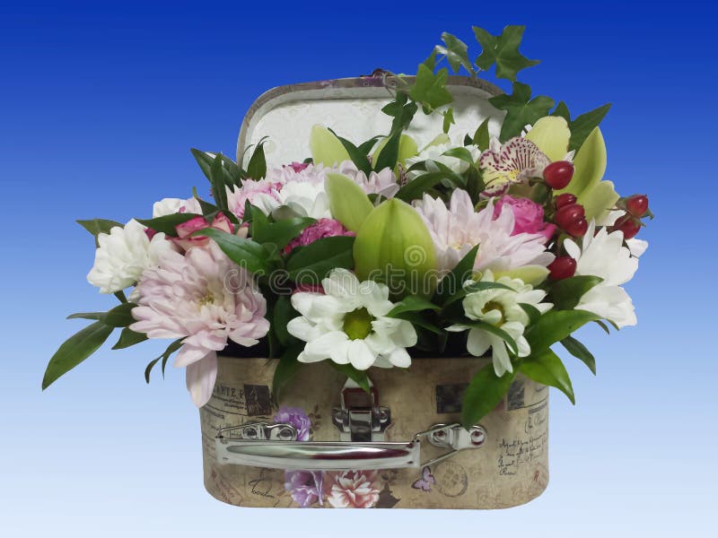 Bouquet of Flowers in a Suitcase. Arrangement of Flowers from Roses ...