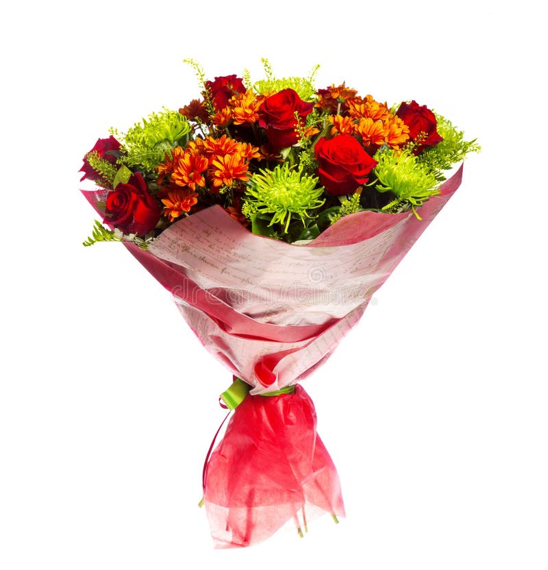 Bouquet of gerberas, roses and chrysanthemums stock photos
