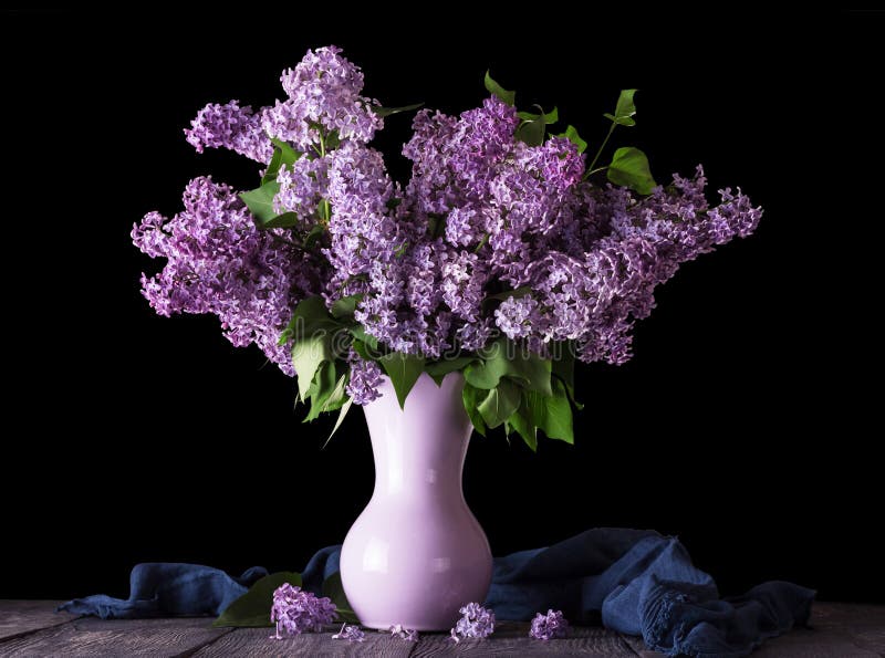 Bouquet of lilac in vase and blue fabric isolated on black