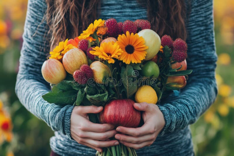 Bouquet luminoso di frutta fresca e fiori trattenuti da una giovane donna in un campo soleggiato durante il pomeriggio immagine stock libera da diritti
