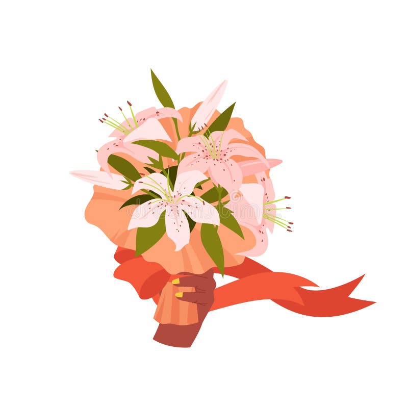 Bouquet a mano con boccioli di lily e un braccio di nastro rosso con omaggio romantico floreale royalty illustrazione gratis