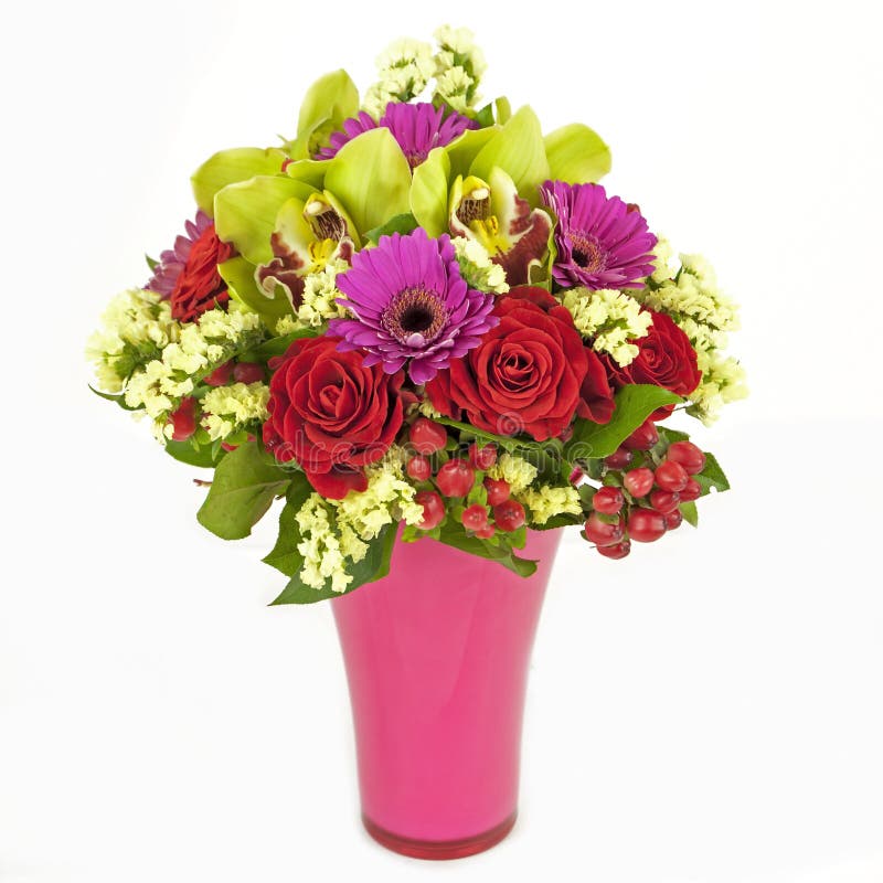 Bouquet of orchids, roses and gerberas in vase isolated on white