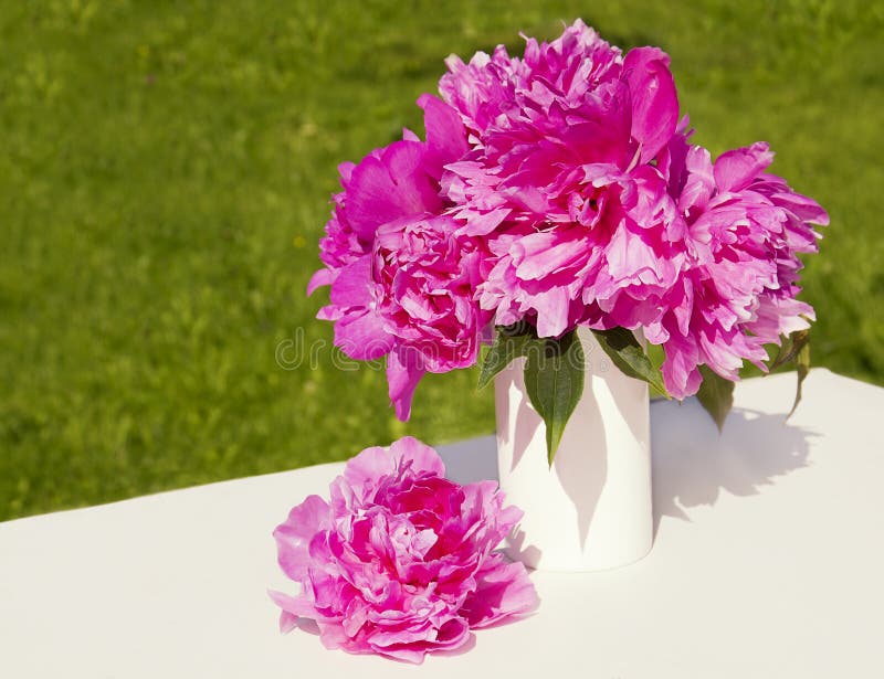 A bouquet of pink peonies in a vase.
