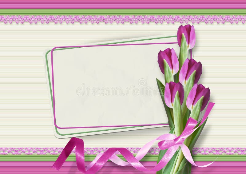 Bouquet of pink tulips with a card