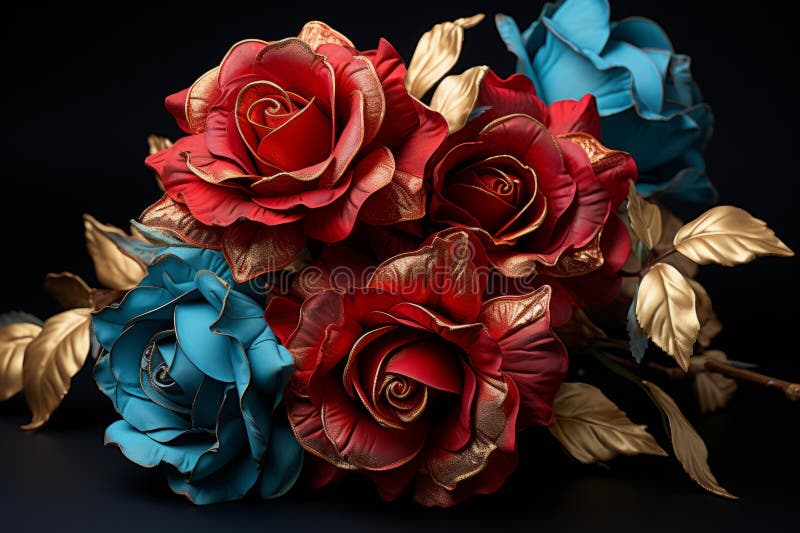 A Bouquet of Red Blue and Gold Roses Stock Illustration Illustration