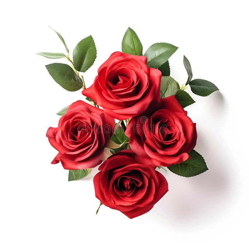 Bouquet of red rose roses flower plant with leaves isolated on white background. 3D rendering