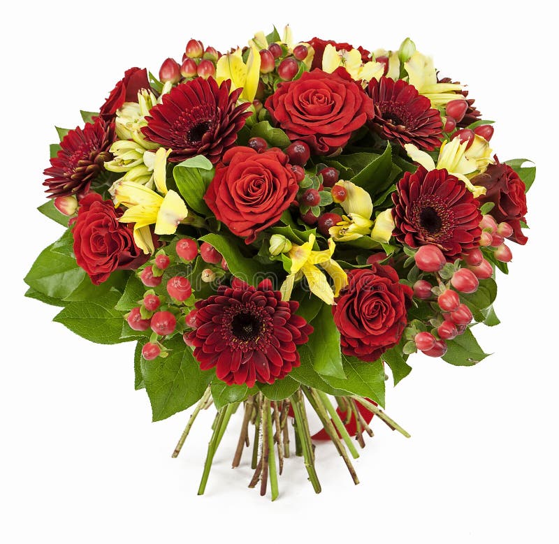 Bouquet of red roses and gerberas isolated on white