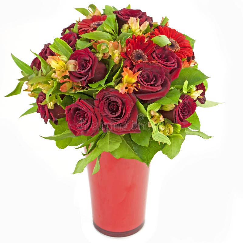 Bouquet of red roses and gerberas in vase isolated on white