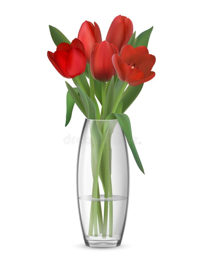 Bouquet of red tulips in glass vase