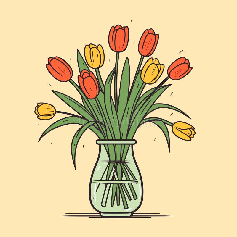 Bouquet of Red and Yellow Tulips in Vase. Spring Bouquet Stock Vector
