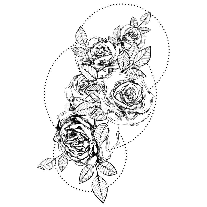 Bouquet of Roses. Botanical Line Art Illustration. Gothic Tattoo Stock ...