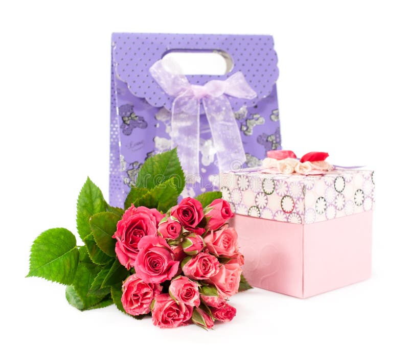 Bouquet of Roses and Gift Box Stock Photo Image of gift, surprise 31047326